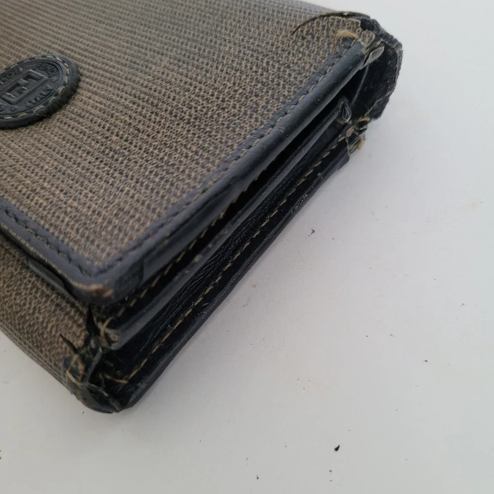 Vintage Fendi sas Brown Coated Canvas Trifold Wallet Black Leather Trim Italy